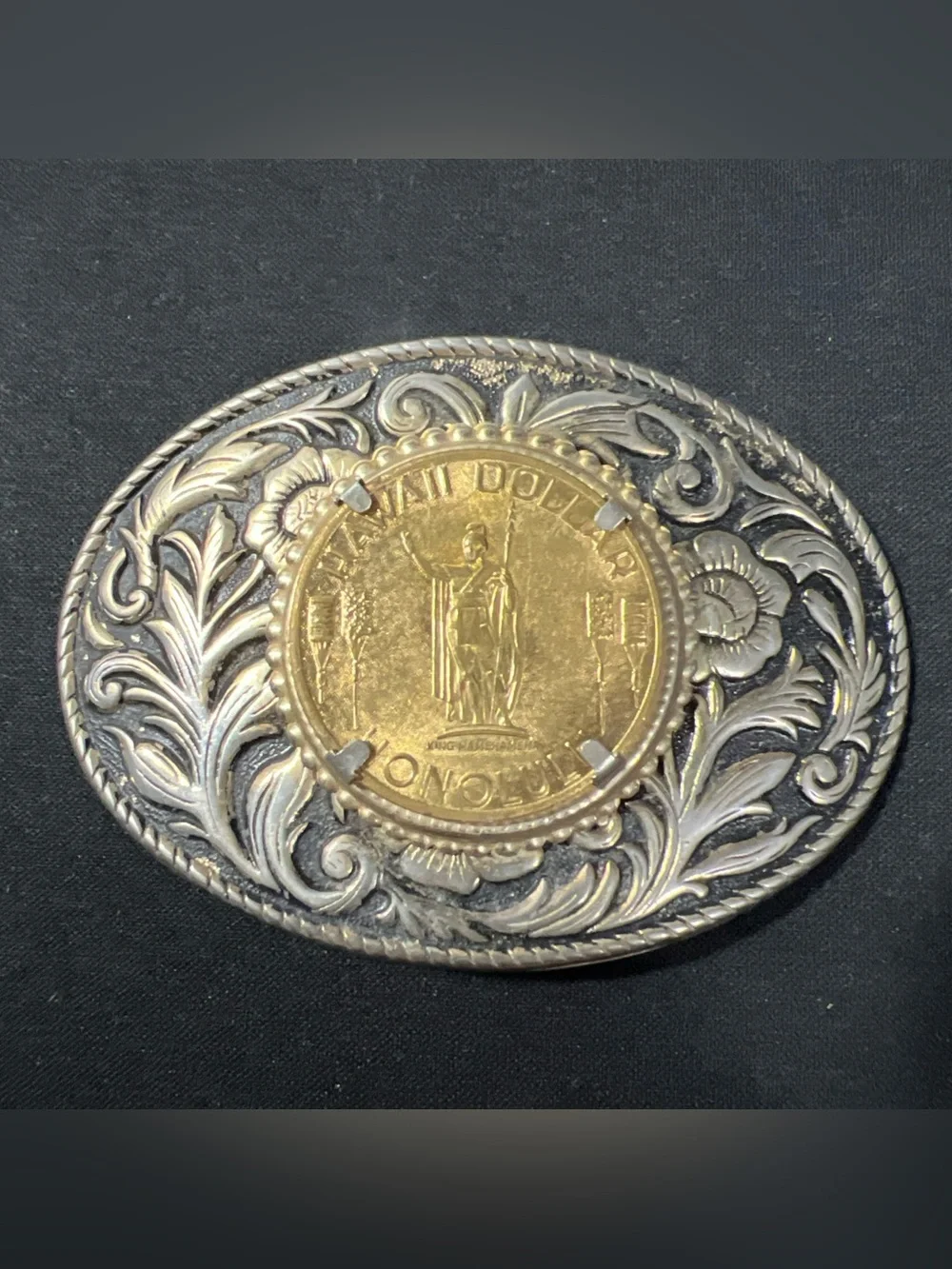 Vintage Hawaii Dollar Coin Belt Buckle Metal Brass Floral Design King Kamehameha